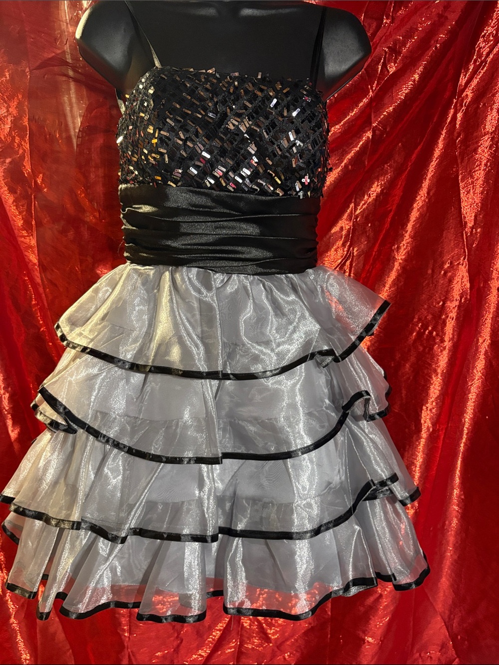 Strapless Black Sequin Bodice Silver Tiered Party Dress